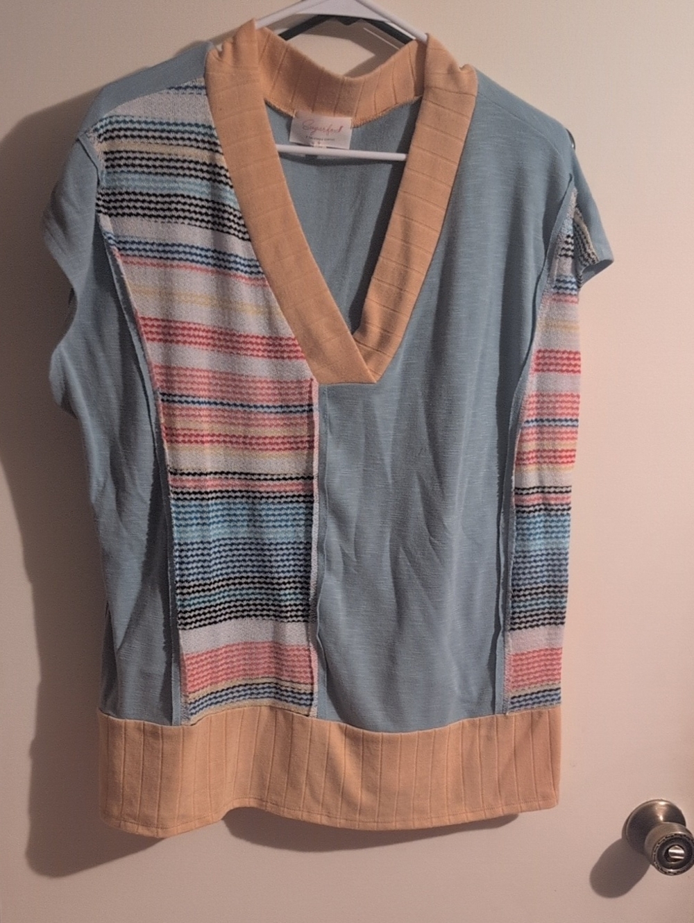 Light Blue & Yellow Striped V-Neck Women’s Top